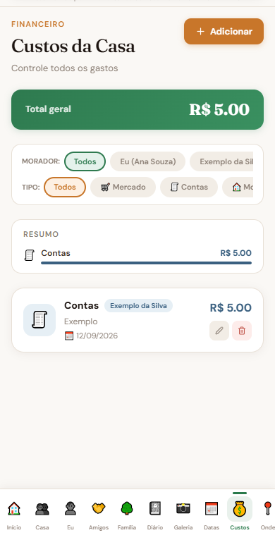 Tela de Custos da Casa do app Me